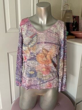 Vintage Wayne Rogers Colorful Butterfly Graphic Floral Lace Long-Sleeve Top